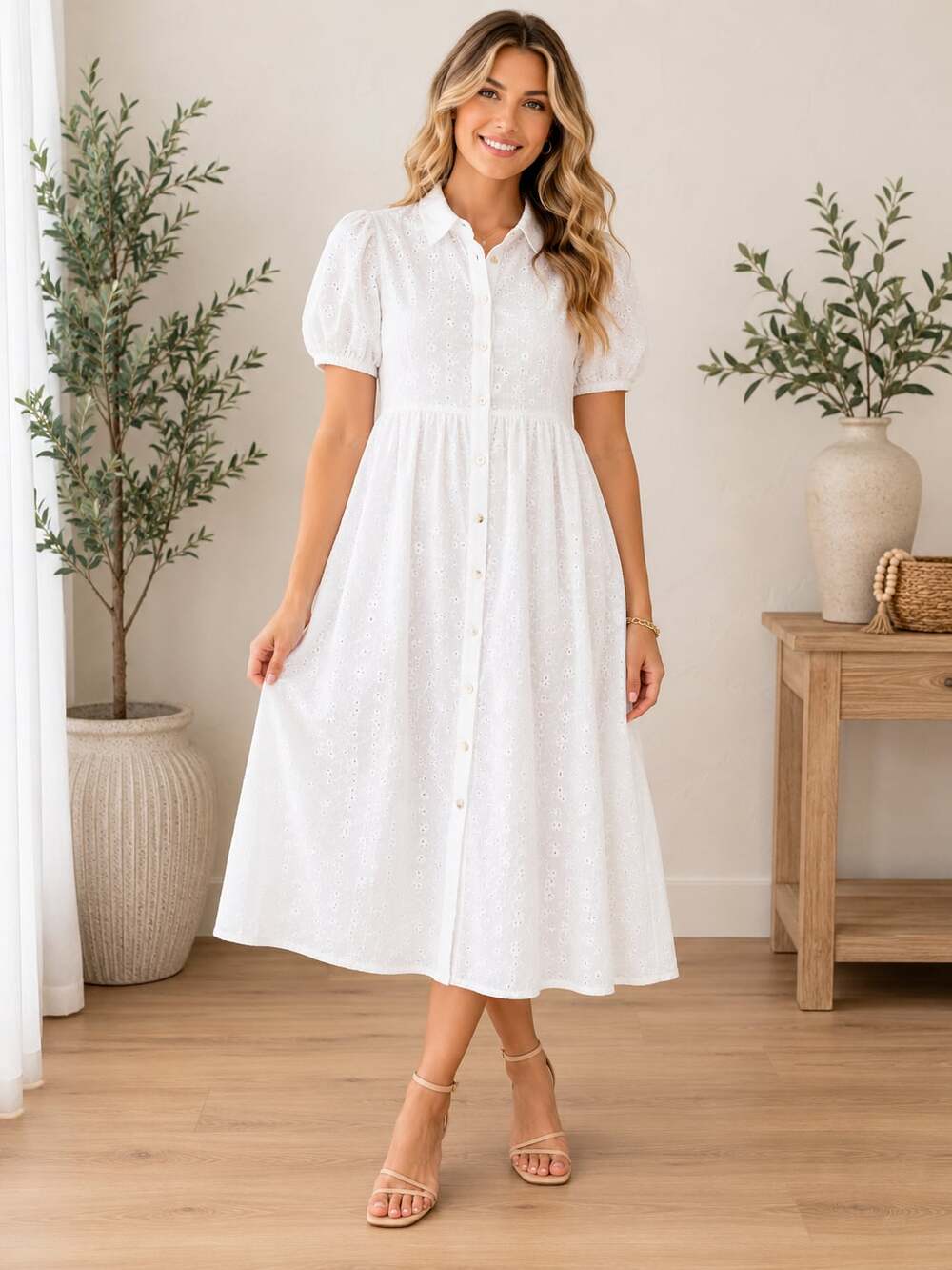 Polagram White Clip Dot Midi Shirt Dress M Button Front Collared Cottagecore